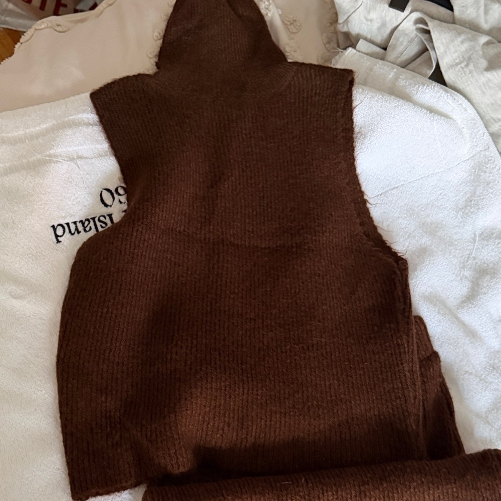 Topshop Brown Knit Sleeveless Hooded Sweater - Women